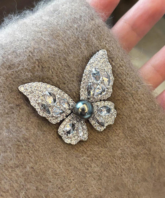 Fine Grey Alloy Zircon Butterfly Pearl Brooches YD039