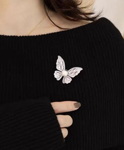 Fine Grey Alloy Zircon Butterfly Pearl Brooches YD039