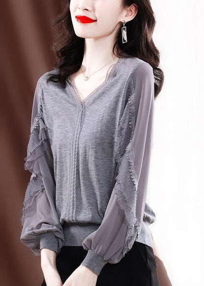 Fine Knit Ruffled Shirt Tulle Spring Grey Patchwork