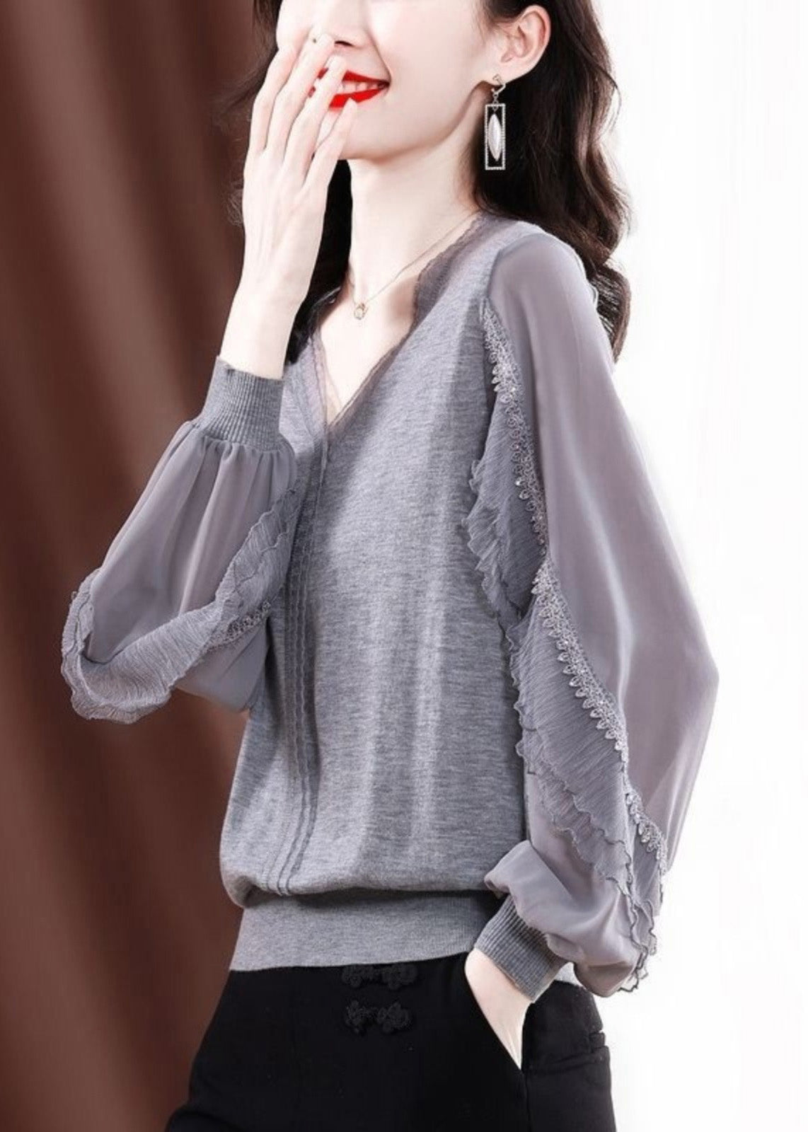 Fine Knit Ruffled Shirt Tulle Spring Grey Patchwork