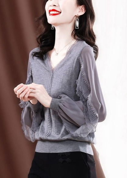 Fine Knit Ruffled Shirt Tulle Spring Grey Patchwork