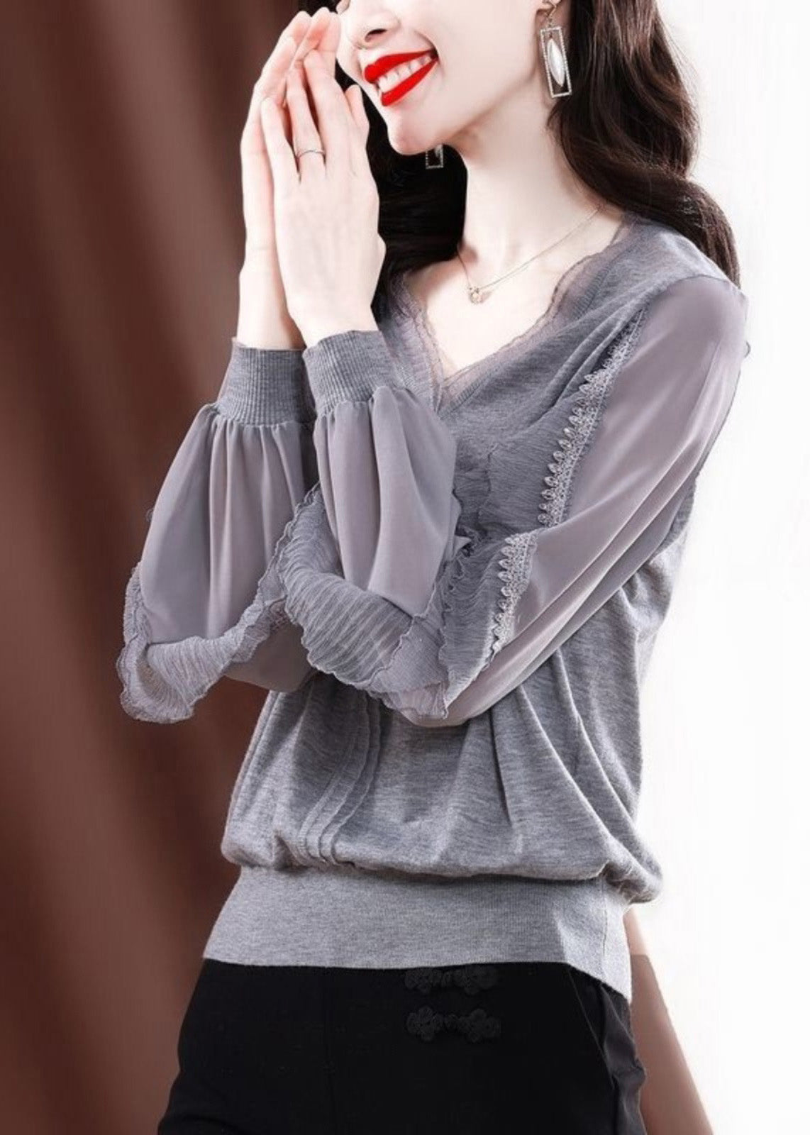 Fine Knit Ruffled Shirt Tulle Spring Grey Patchwork