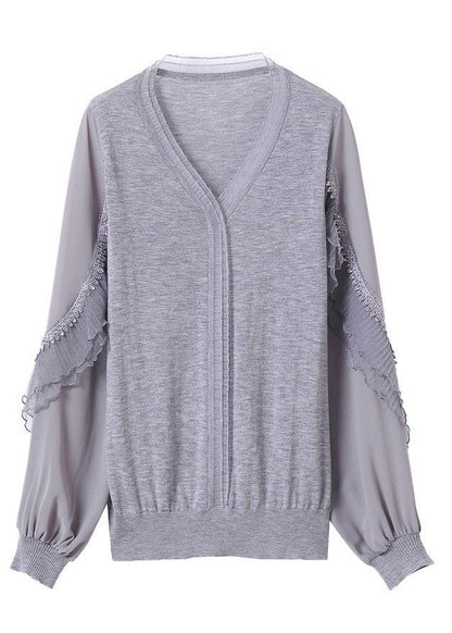 Fine Knit Ruffled Shirt Tulle Spring Grey Patchwork
