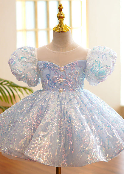 Fine Light Blue O-Neck Sequins Tulle Girls Party Long Dress Summer YS035