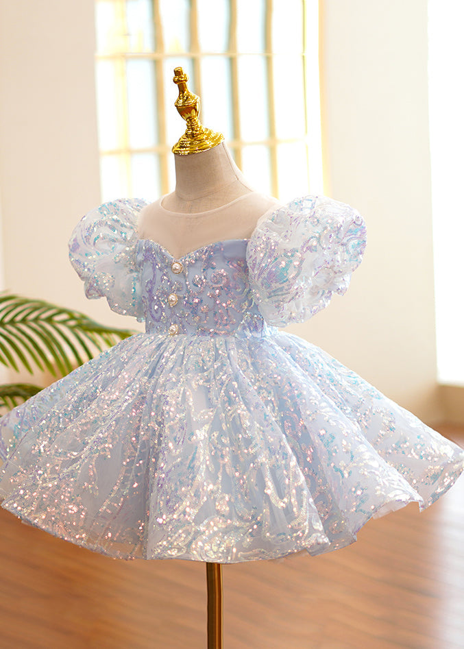 Fine Light Blue O-Neck Sequins Tulle Girls Party Long Dress Summer YS035