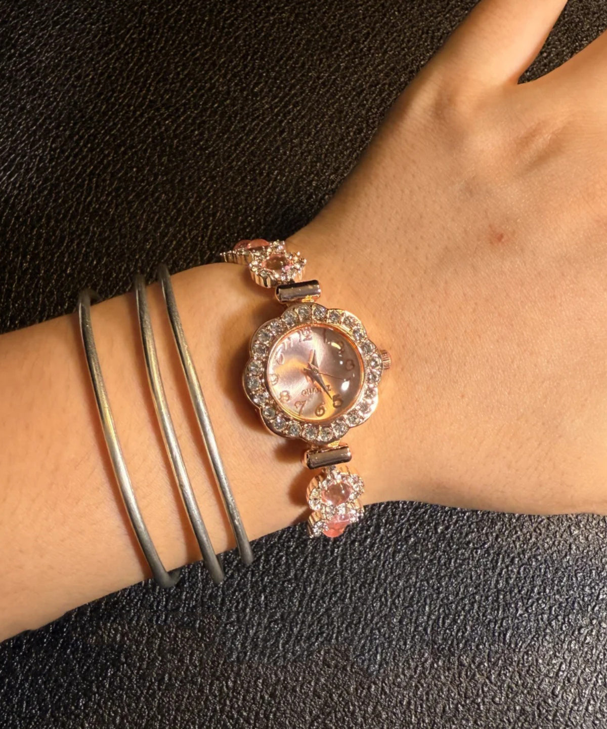 Gem Stone Pink Fine Crystal Alloy Watches Zircon Inlaid Sapphire