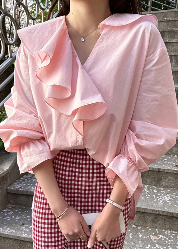 Pink Ruffles Cotton Fine Asymmetrical Tops Shirt Fall