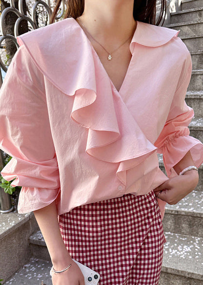 Pink Ruffles Cotton Fine Asymmetrical Tops Shirt Fall