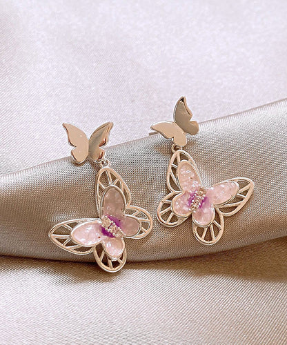 Glaze Pink Drop Butterfly Earrings Copper Hollow Fine Out