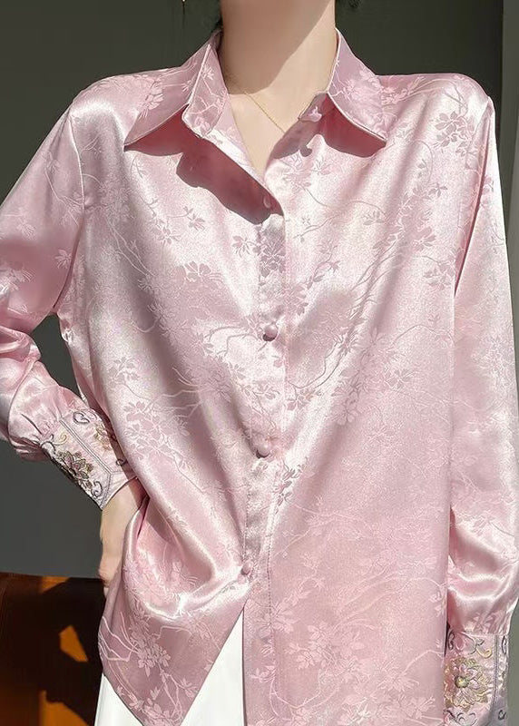 Embroidered Pan Silk Fine Pink Peter Collar Blouse