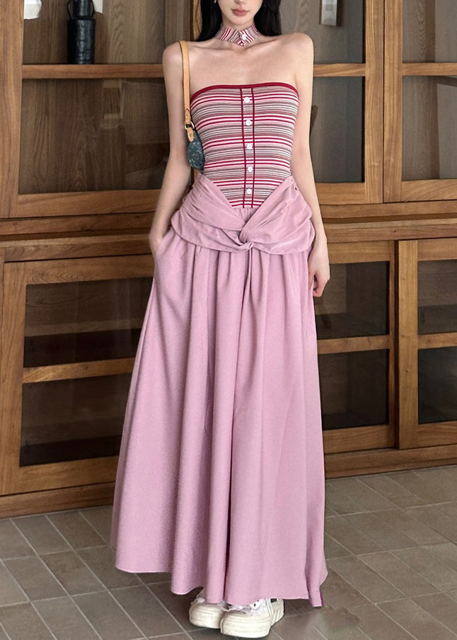 Two Patchwork Summer Dress Fake Long Striped Pink Fine Pieces