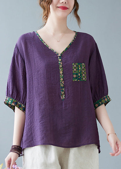 Print Half Sleeve Patchwork Fine Purple Top