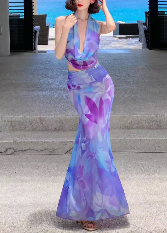 Two-Piece Maxi Set Purple Print Tulle Fine Skirts And Top