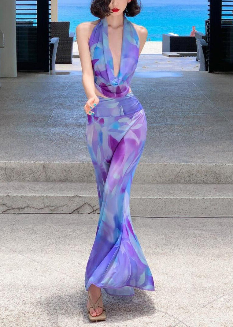 Two-Piece Maxi Set Purple Print Tulle Fine Skirts And Top