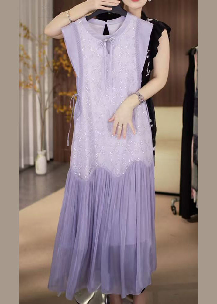 Up Chiffon Patchwork Sequins Lace Long Dress Fine Purple
