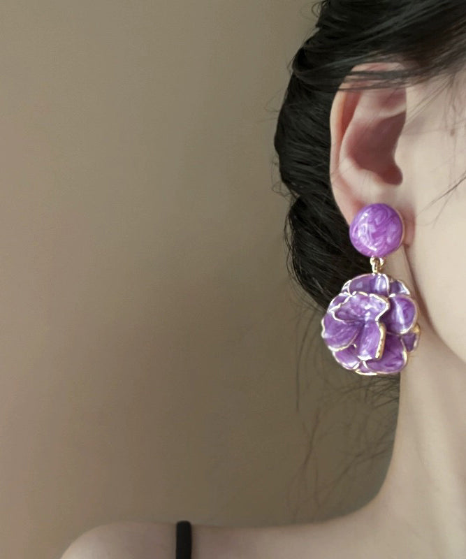 Fine Purple Sterling Silver Alloy Floral Drop Glaze Stud Earrings YA036