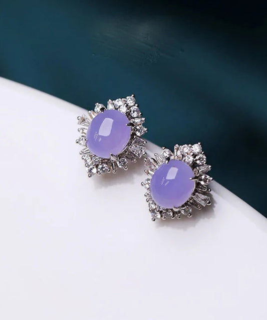 Fine Purple Sterling Silver Inlaid Zircon Jade Stud Earrings AC1050