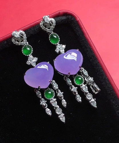 Fine Purple Sterling Silver Inlaid Zircon Love Jade Tassel Drop Earrings AC1027