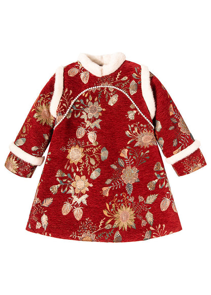 Fine Red Fur Collar Print Kids Long Dress Winter TR008