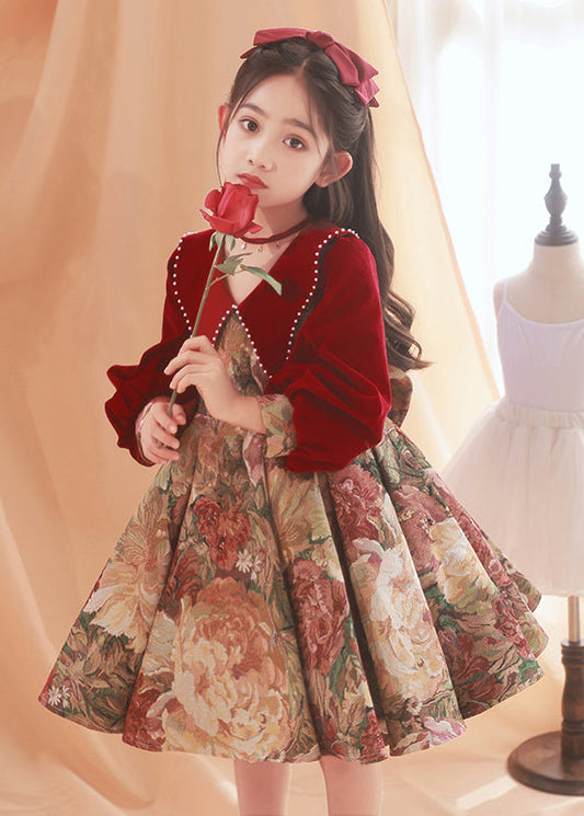 Spring Dress Maxi Collar Bead Pan Print Peter Kids Red Fine Nail