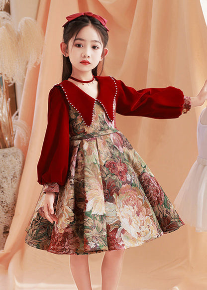 Spring Dress Maxi Collar Bead Pan Print Peter Kids Red Fine Nail
