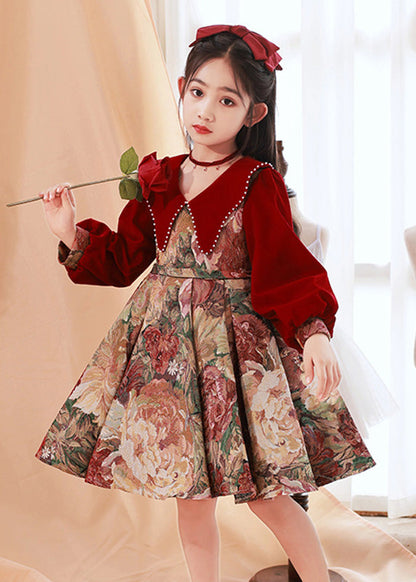 Spring Dress Maxi Collar Bead Pan Print Peter Kids Red Fine Nail