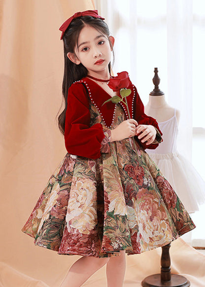 Spring Dress Maxi Collar Bead Pan Print Peter Kids Red Fine Nail