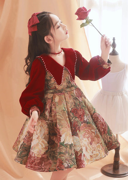 Spring Dress Maxi Collar Bead Pan Print Peter Kids Red Fine Nail