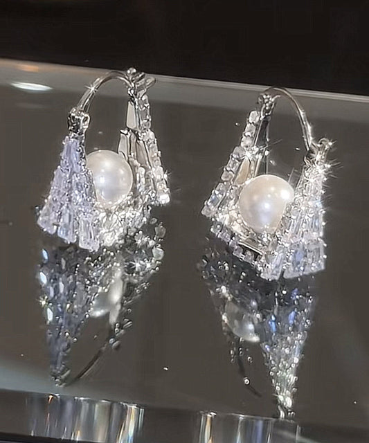 Handbag Hoop Silver Fine Sterling Pearl Silk Earrings Zircon