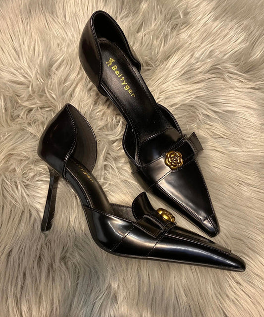 Toe Heels Fine Pointed High Stiletto Black Splicing Sheepskin