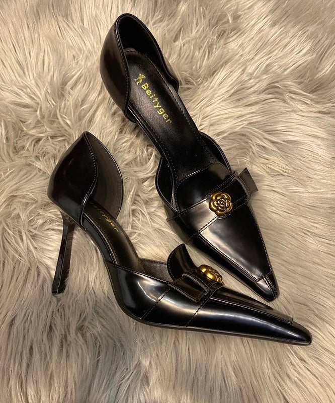 Fine Pointed High Black Toe Splicing Stiletto Heels Sheepskin