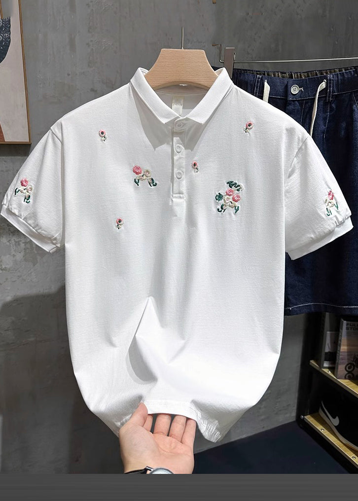 Polo Fine Mens White Embroideried Shirts Button Cotton Summer