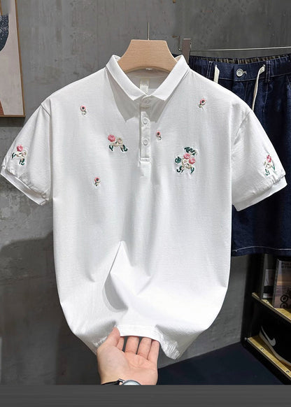 Polo Fine Mens White Embroideried Shirts Button Cotton Summer