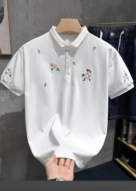 Polo Fine Mens White Embroideried Shirts Button Cotton Summer