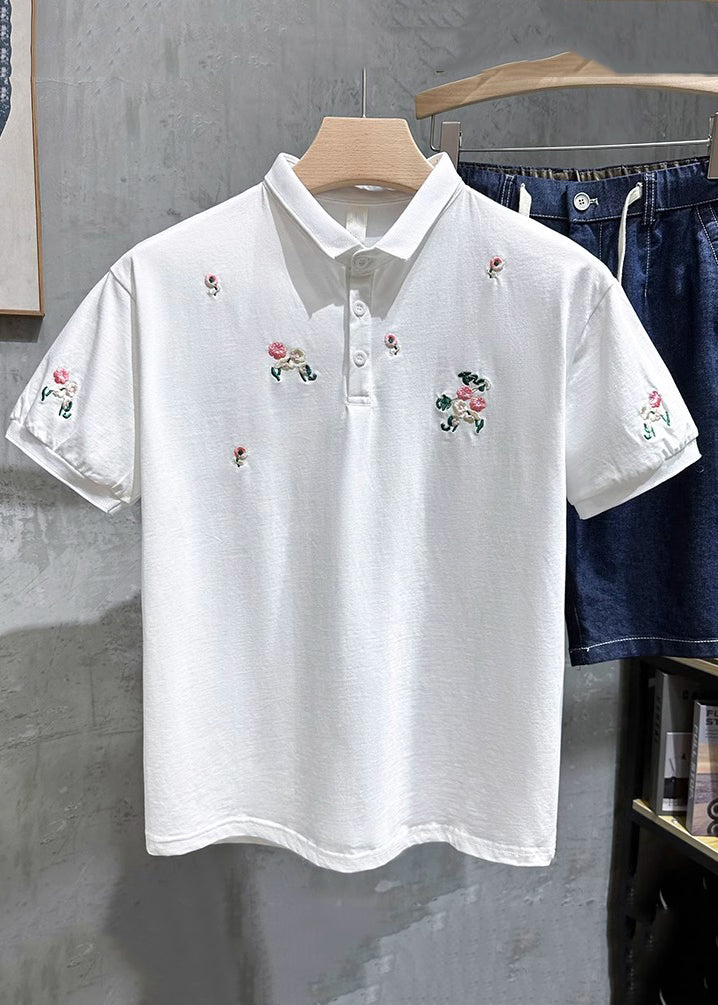Polo Fine Mens White Embroideried Shirts Button Cotton Summer