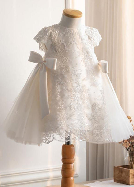 Fine White Lace Patchwork Tulle Girls Maxi Dresses Short Sleeve YS021
