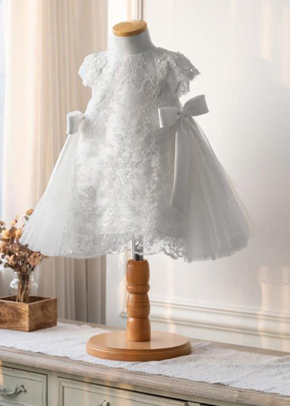 Fine White Lace Patchwork Tulle Girls Maxi Dresses Short Sleeve YS021