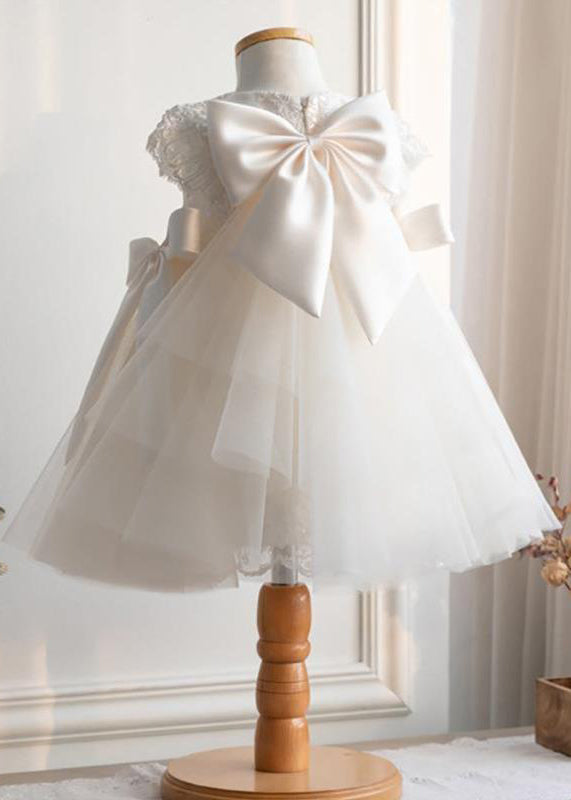 Fine White Lace Patchwork Tulle Girls Maxi Dresses Short Sleeve YS021