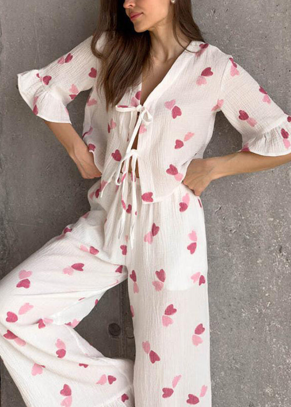 Fine Summer Print Sets Lace White Love Up Cotton Pajama