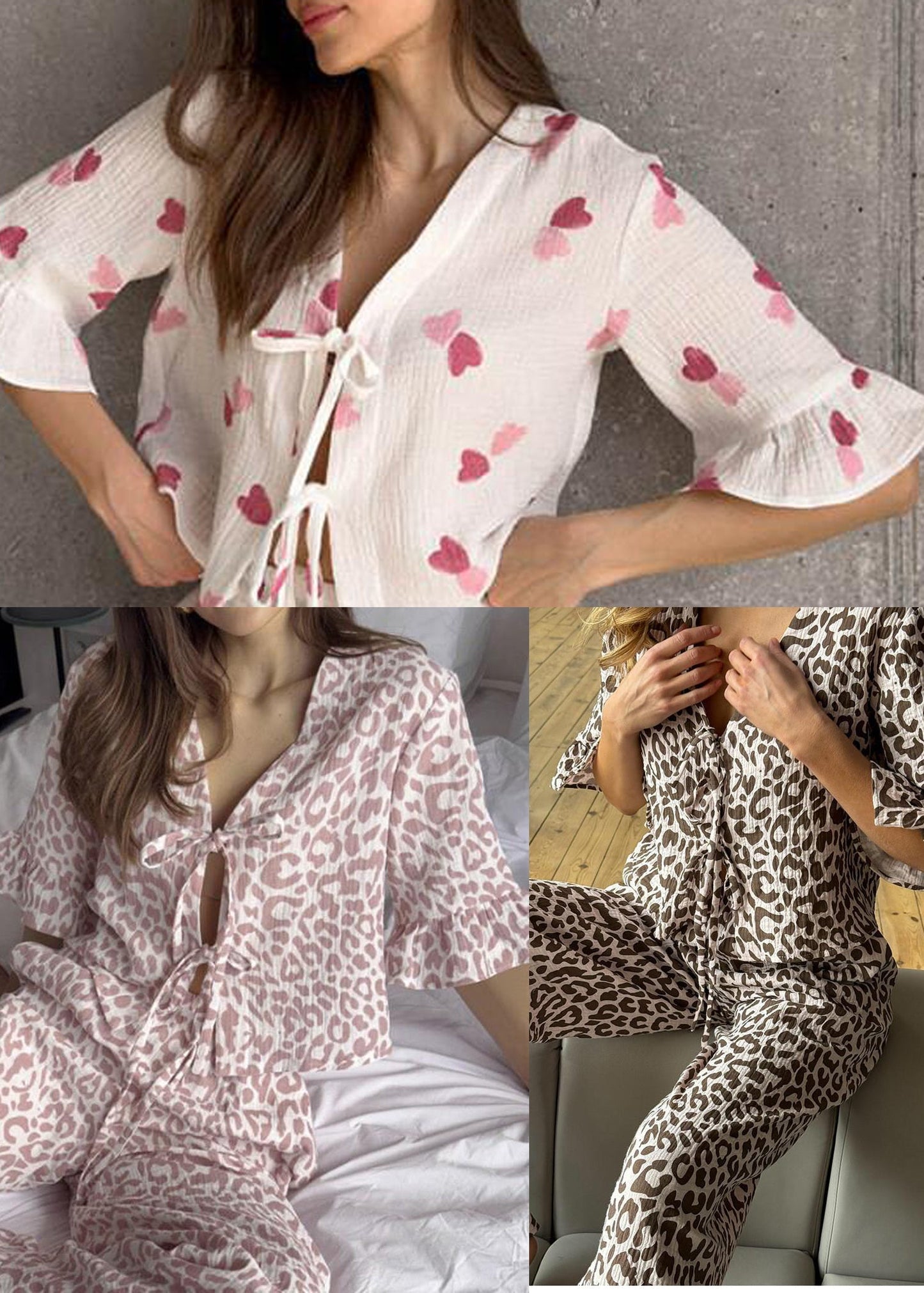 Fine Summer Print Sets Lace White Love Up Cotton Pajama