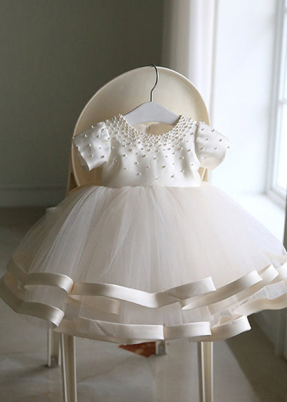 Fine White Pearl Tulle Patchwork Kids Long Dress Short Sleeve YS040