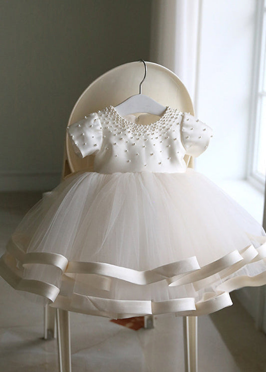 Fine White Pearl Tulle Patchwork Kids Long Dress Short Sleeve YS040