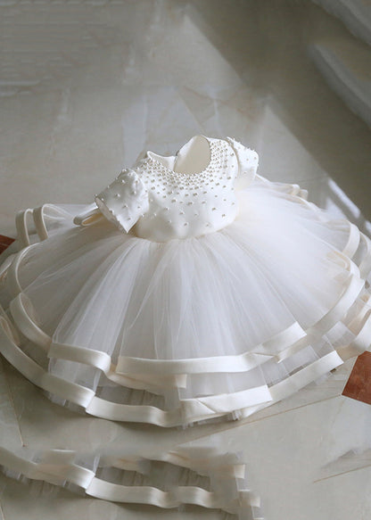 Fine White Pearl Tulle Patchwork Kids Long Dress Short Sleeve YS040