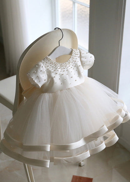 Fine White Pearl Tulle Patchwork Kids Long Dress Short Sleeve YS040