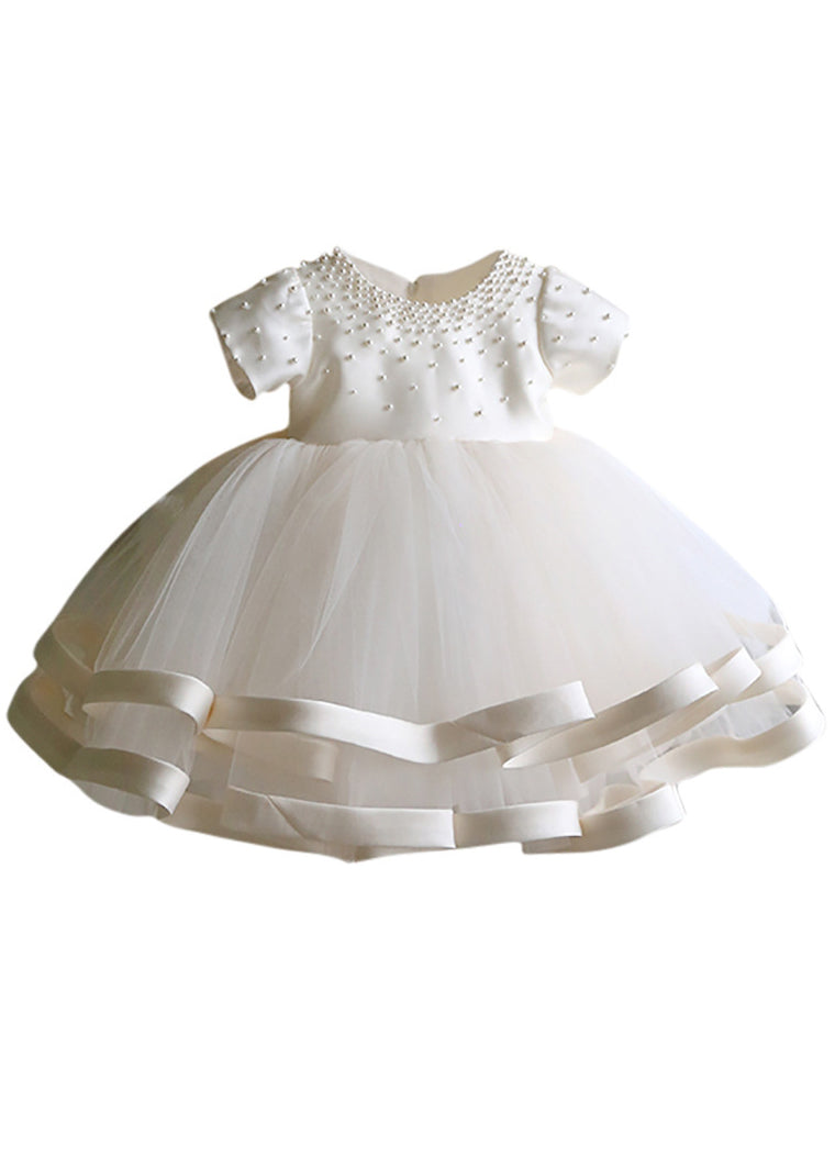 Fine White Pearl Tulle Patchwork Kids Long Dress Short Sleeve YS040