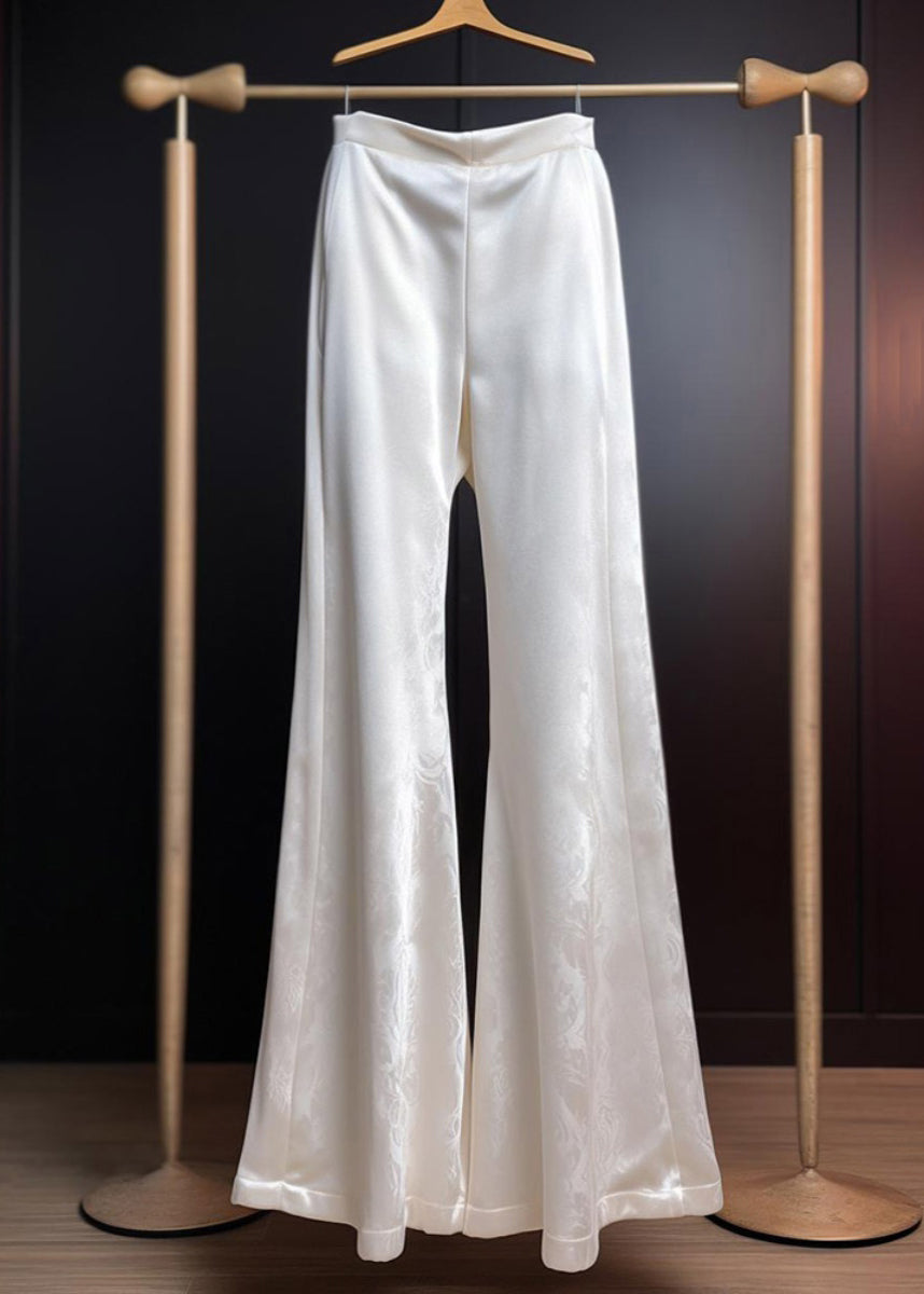 Print Summer Silk White Trousers Flared Fine High Waist