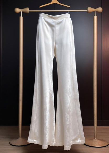 Print Summer Silk White Trousers Flared Fine High Waist