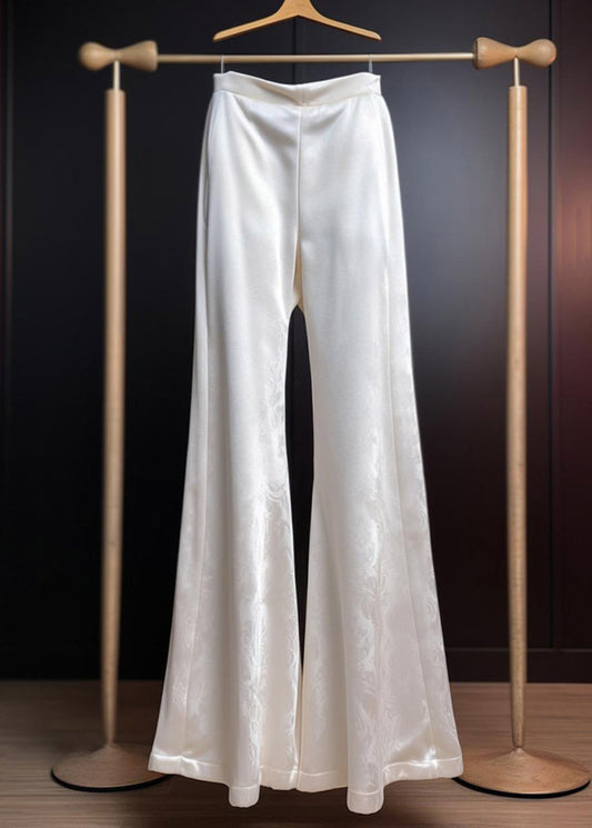 Print Summer Silk White Trousers Flared Fine High Waist