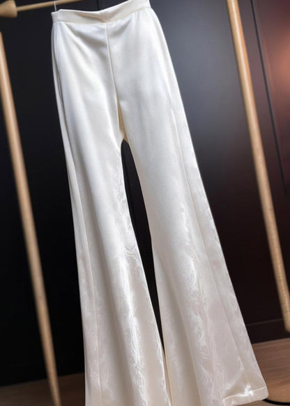 Print Summer Silk White Trousers Flared Fine High Waist