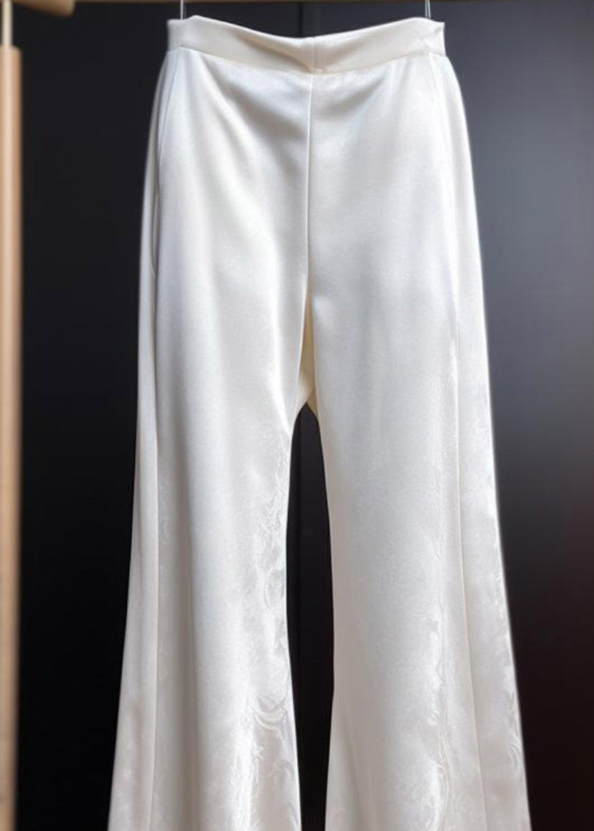 Print Summer Silk White Trousers Flared Fine High Waist